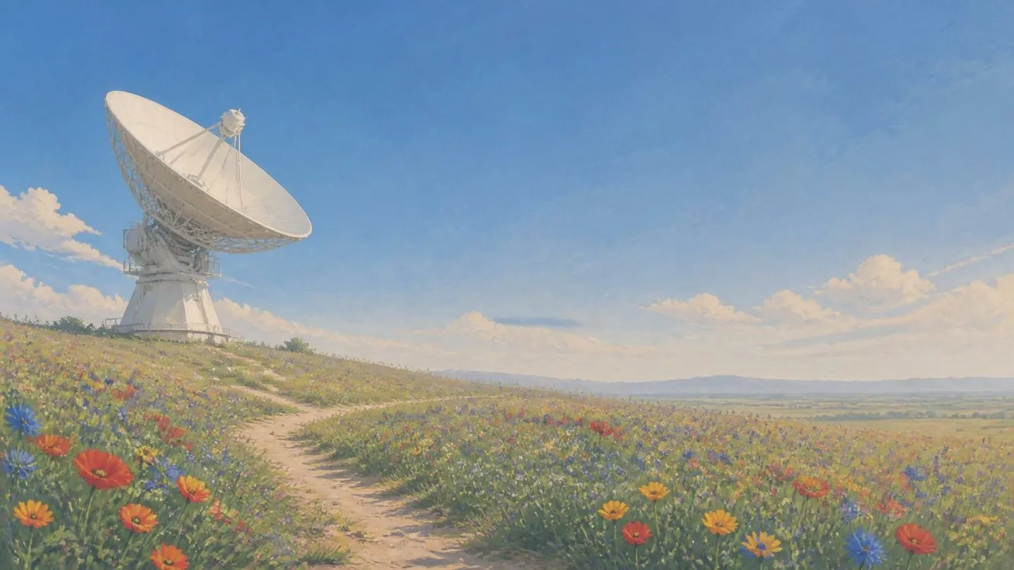 A white radio dish standing in a meadow of blue, red and yellow wildflowers under a deep blue sky