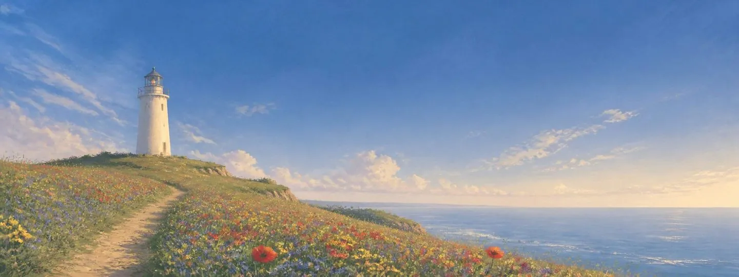 A white lighthouse on a headland of red, yellow and blue wildflowers above a calm sea, a dirt path climbing toward it under a clear morning sky